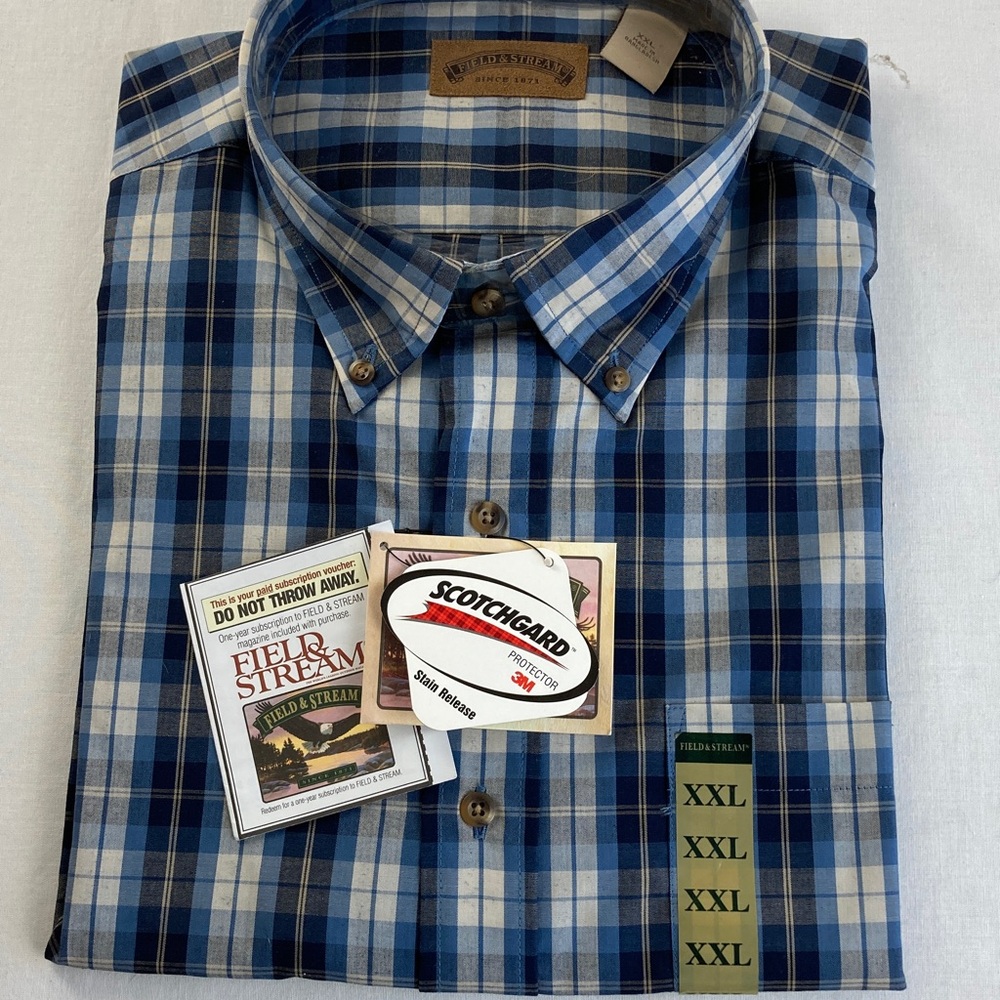 Field & Stream Men's Blue Plaid Shirt Wrinkle Free Stain Release XXL
